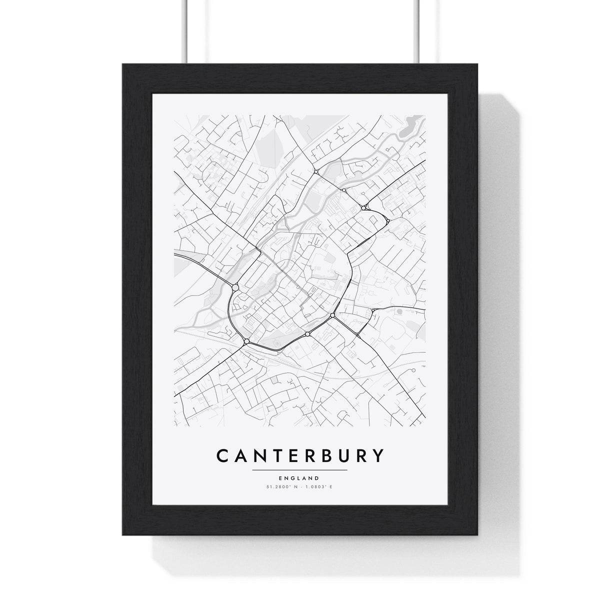 Canterbury street map poster in white, minimal city map print framed in a black frame