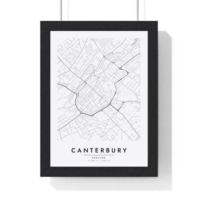 Canterbury street map poster in white, minimal city map print framed in a black frame