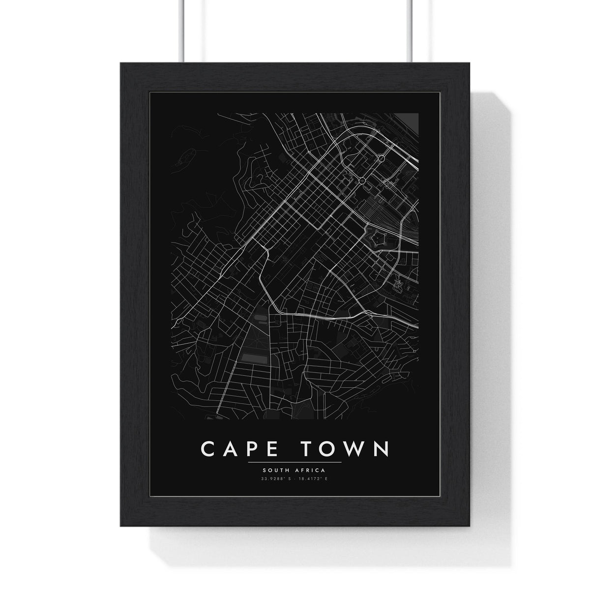 Cape Town street map poster in black, minimal city map print framed in a black frame