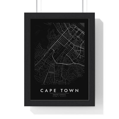 Cape Town street map poster in black, minimal city map print framed in a black frame