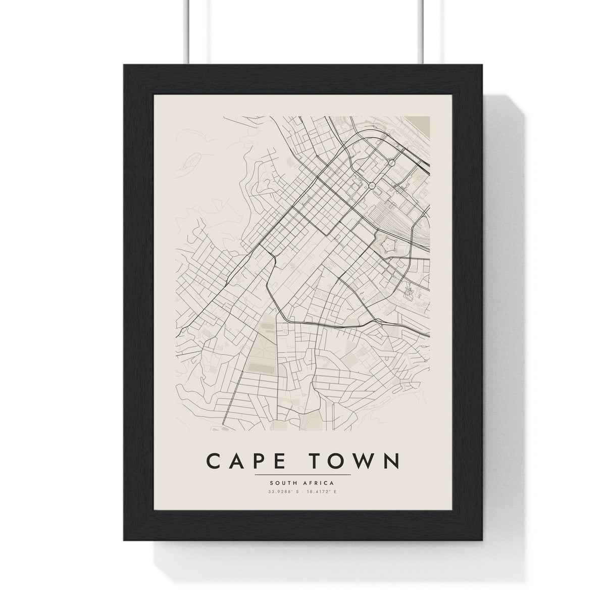 Cape Town street map poster in cream, minimal city map print framed in a black frame