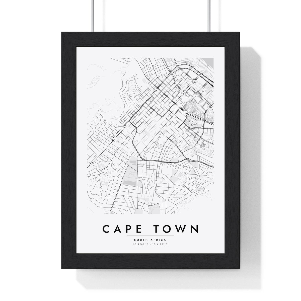 Cape Town street map poster in white, minimal city map print framed in a black frame
