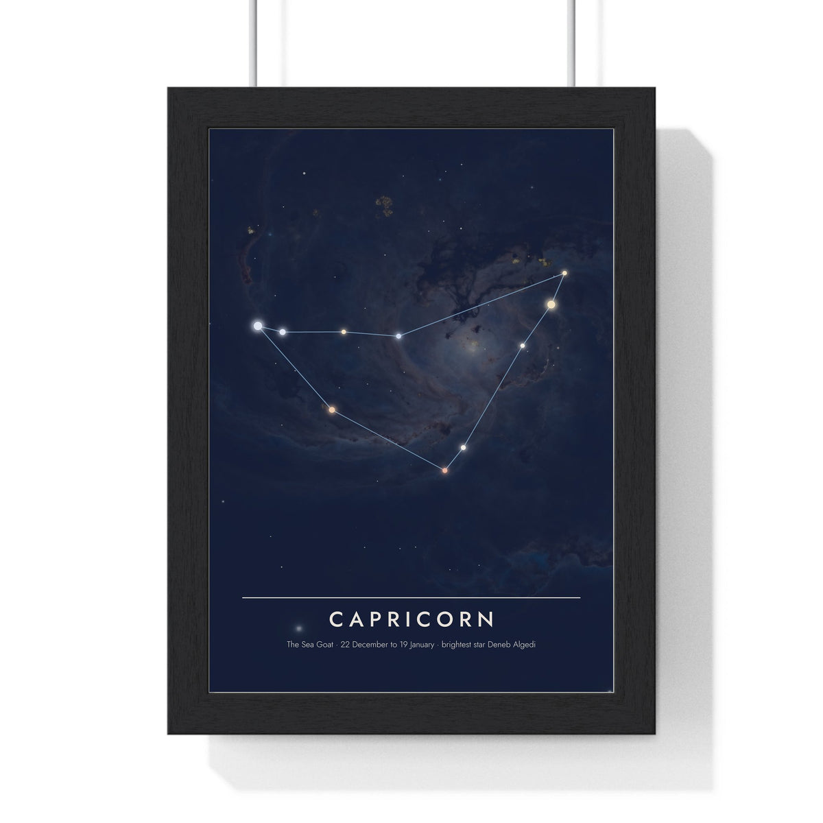 Capricorn Constellation print framed in a black frame, ready to hang
