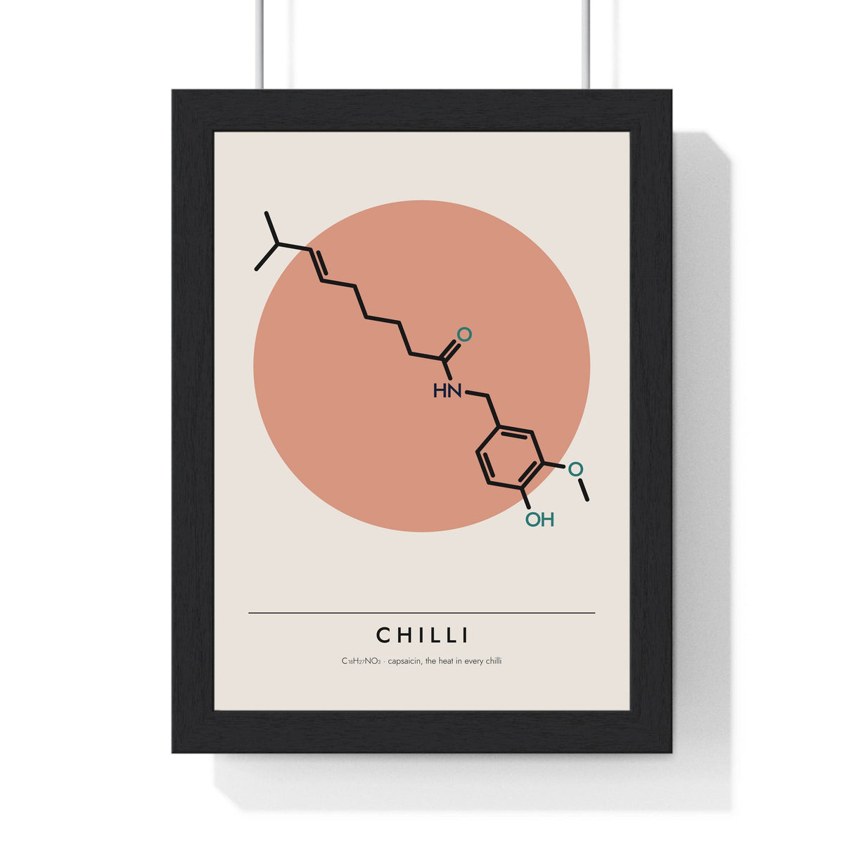 Capsaicin Molecule print framed in a black frame, ready to hang
