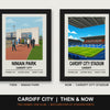 Cardiff City Then & Now Stadium Set | Ninian Park + Cardiff City Stadium Prints - framed prints shown together as a set