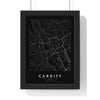 Cardiff street map poster in black, minimal city map print framed in a black frame