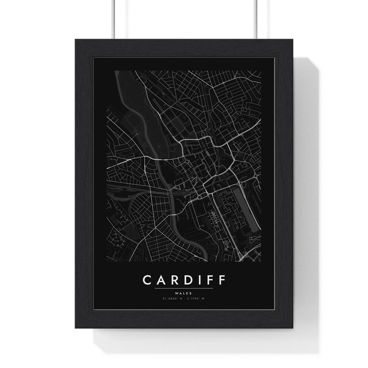Cardiff street map poster in black, minimal city map print framed in a black frame