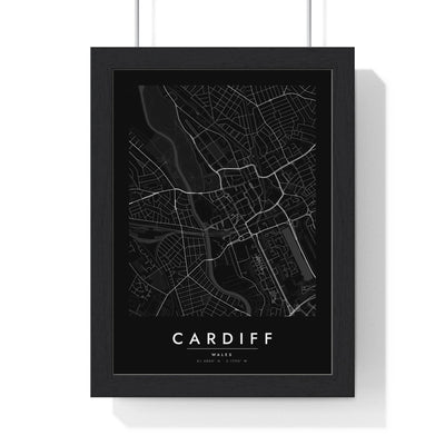 Cardiff street map poster in black, minimal city map print framed in a black frame
