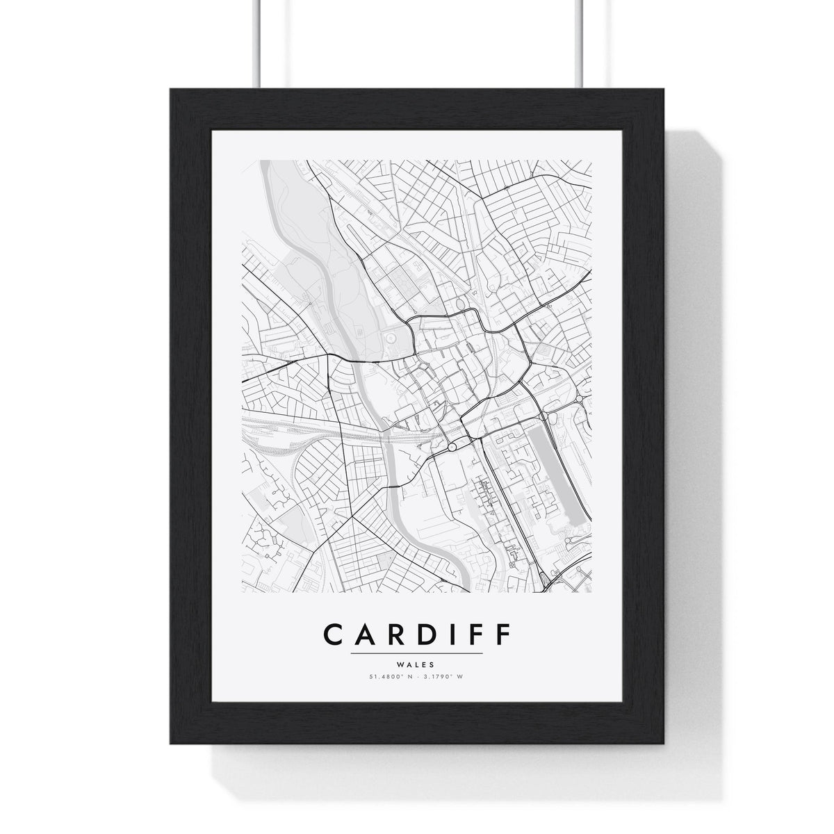 Cardiff street map poster in white, minimal city map print framed in a black frame