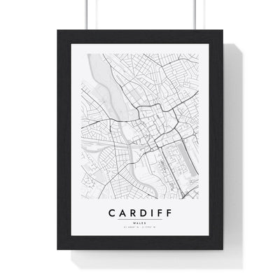 Cardiff street map poster in white, minimal city map print framed in a black frame