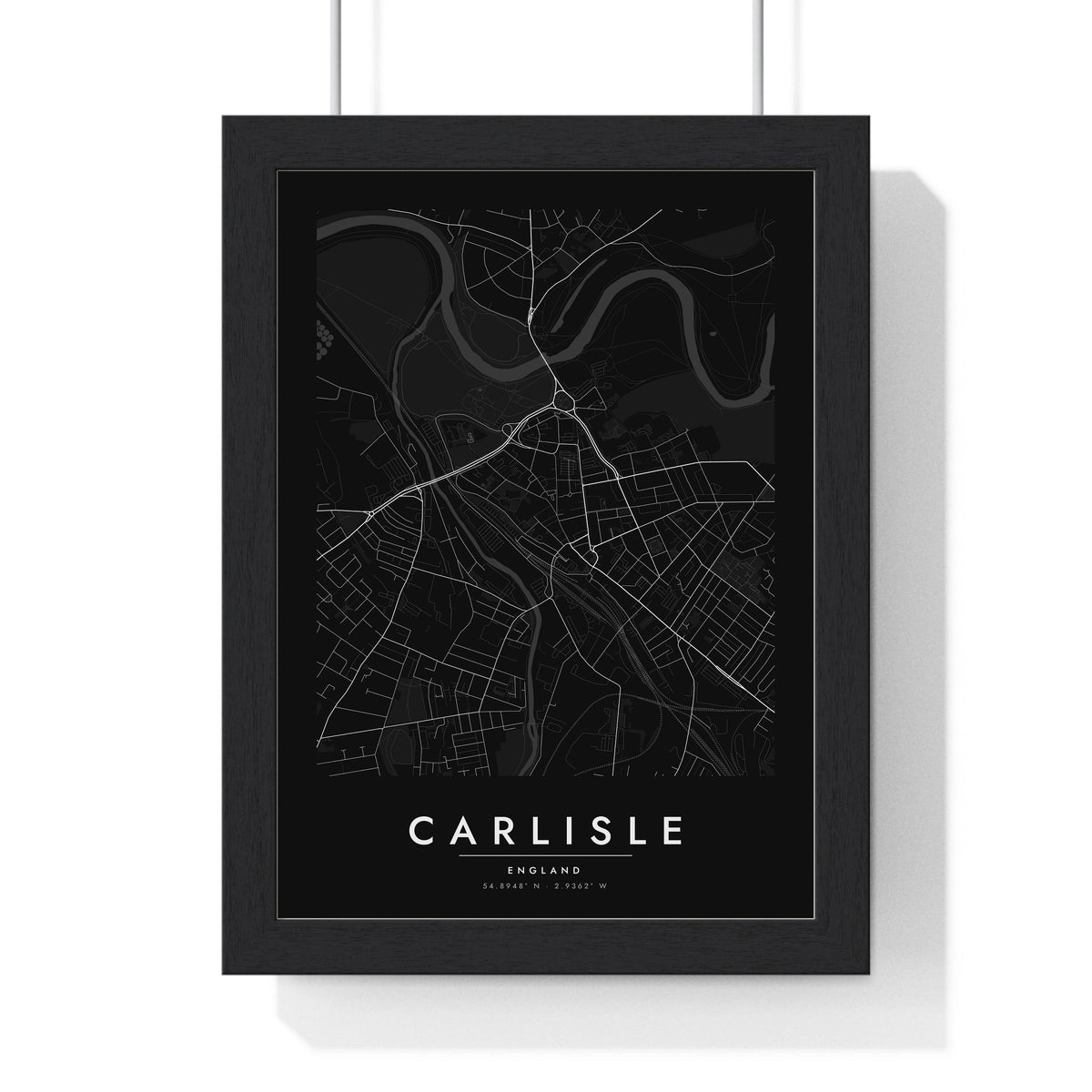 Carlisle street map poster in black, minimal city map print framed in a black frame