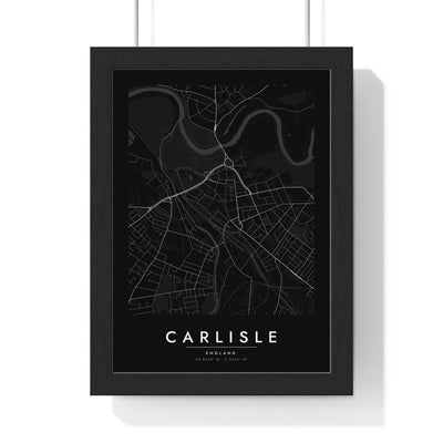 Carlisle street map poster in black, minimal city map print framed in a black frame