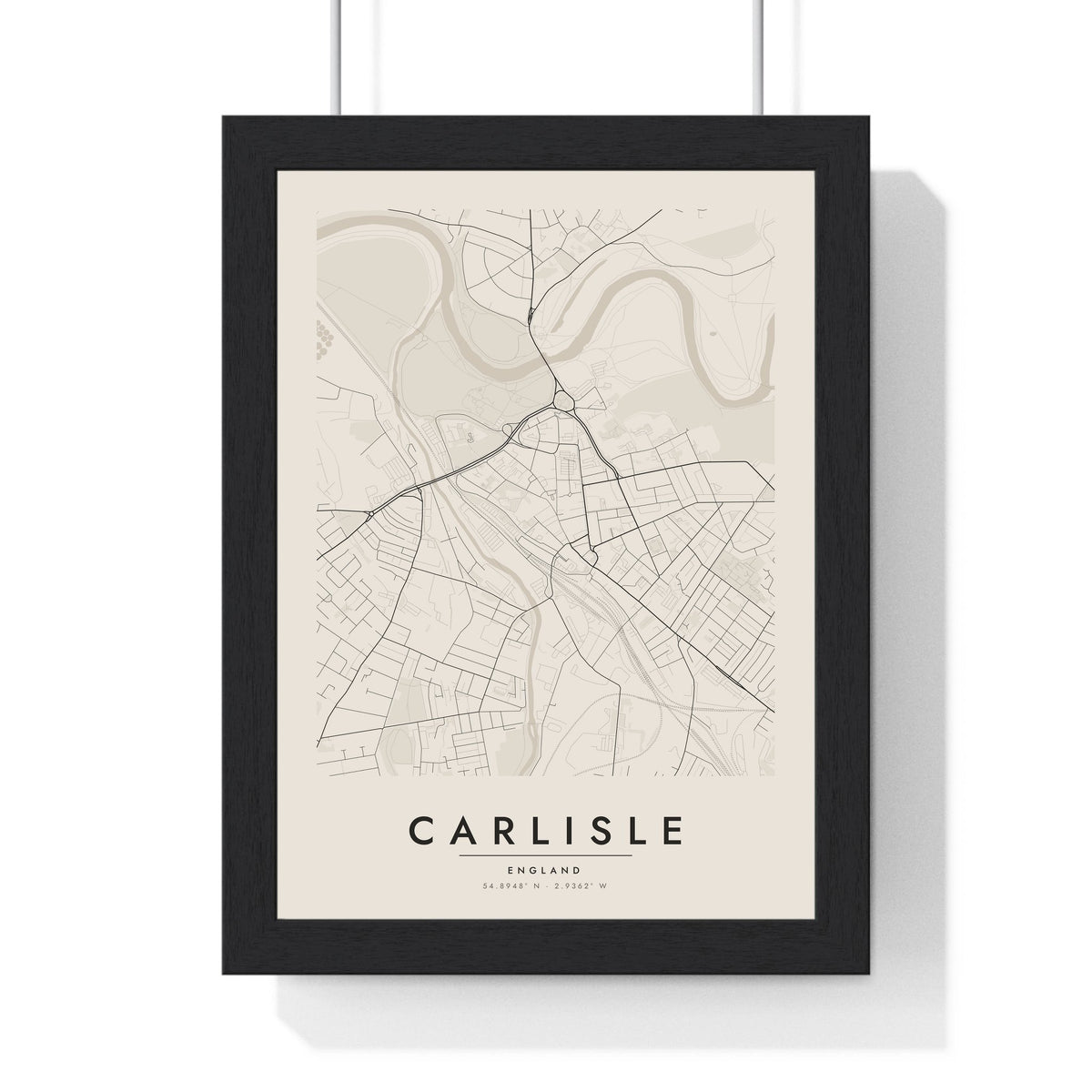 Carlisle street map poster in cream, minimal city map print framed in a black frame