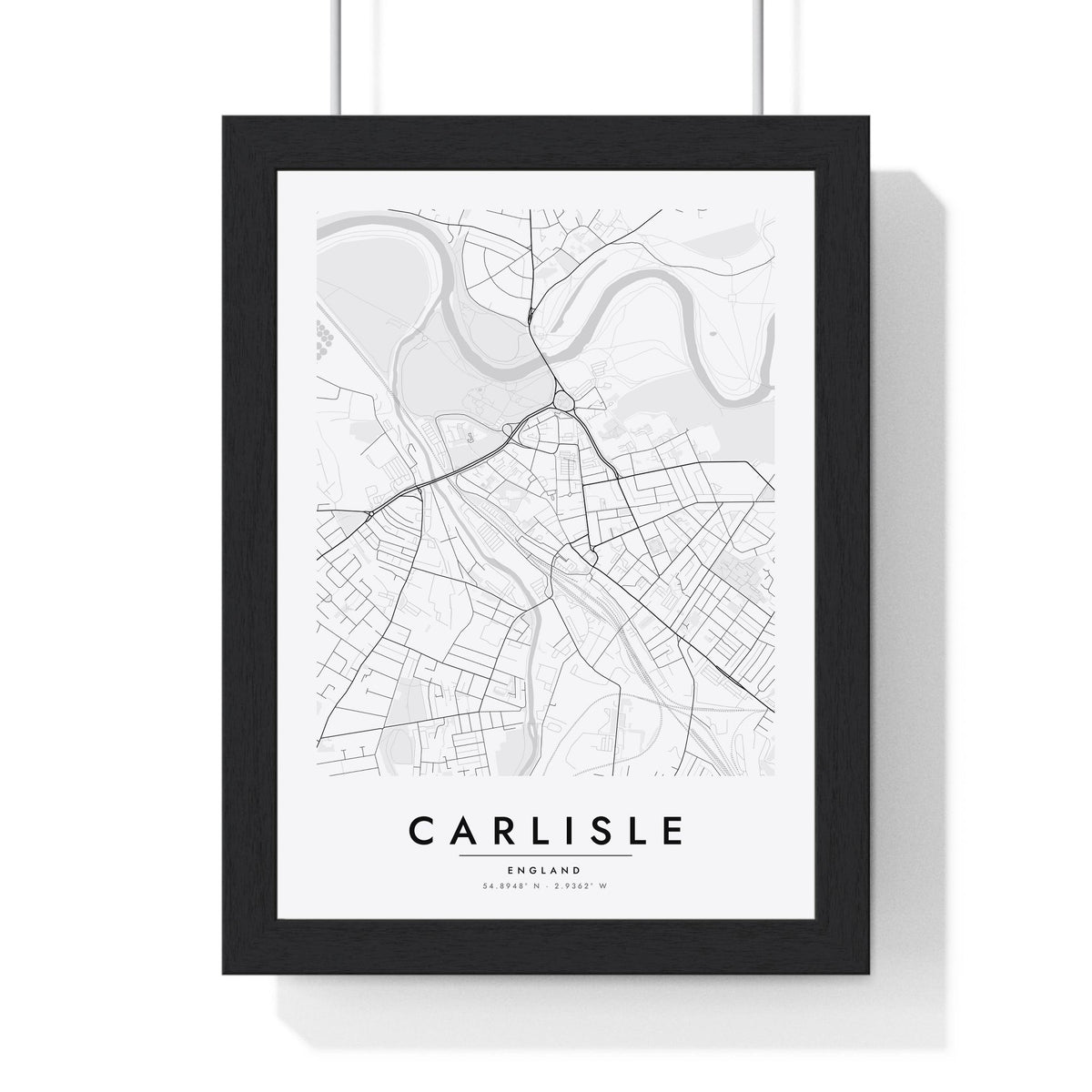 Carlisle street map poster in white, minimal city map print framed in a black frame