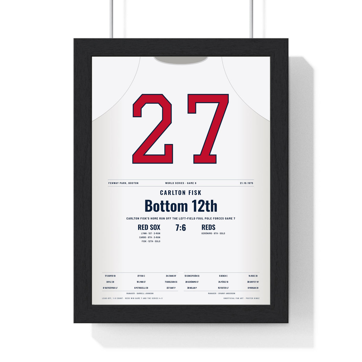 Carlton Fisk 1975 World Series Game 6 Home Run Poster - Boston Red Sox 27 Jersey Print framed in a black frame, ready to hang