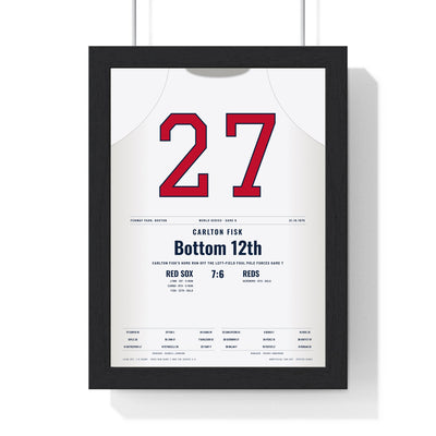 Carlton Fisk 1975 World Series Game 6 Home Run Poster - Boston Red Sox 27 Jersey Print framed in a black frame, ready to hang