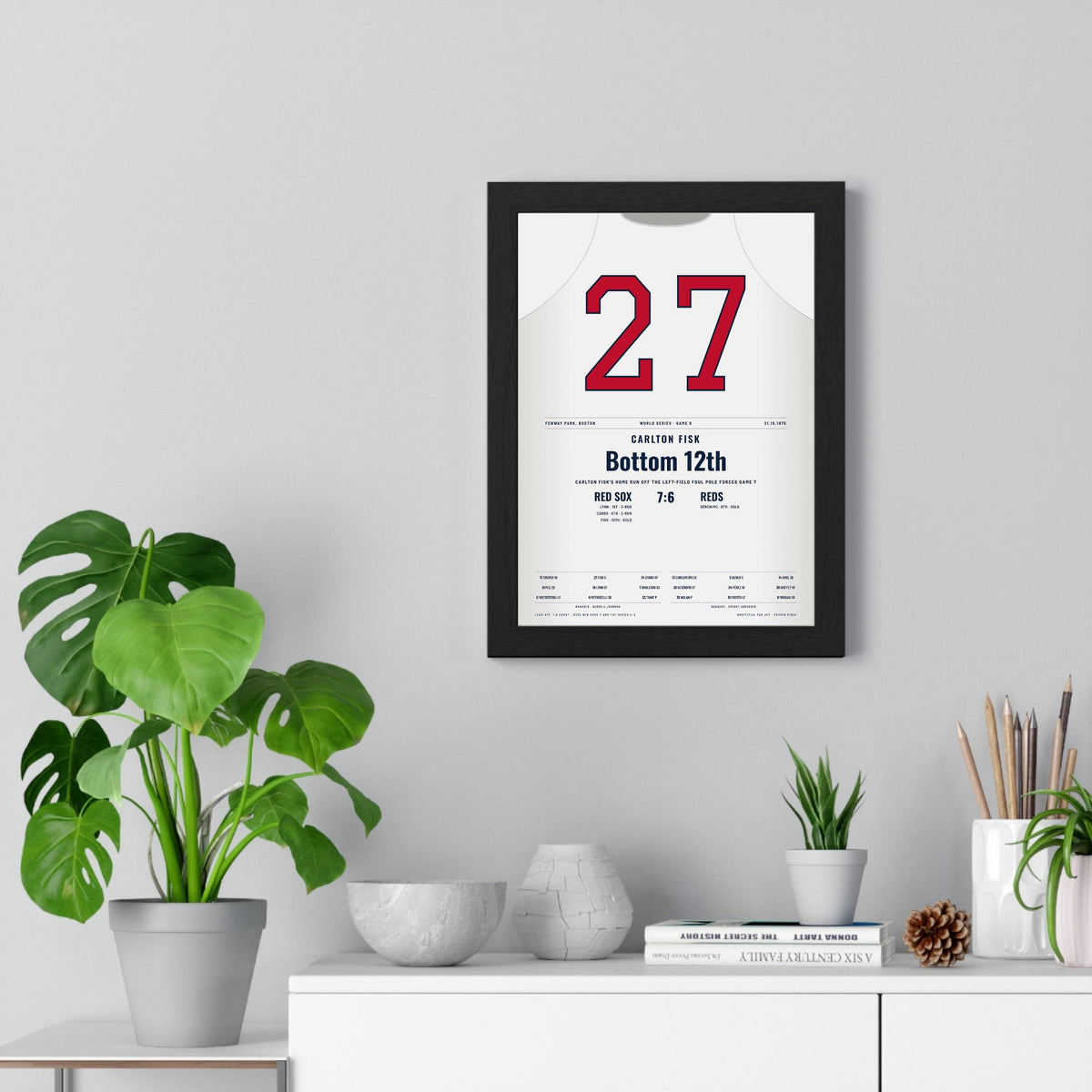 Carlton Fisk 1975 World Series Game 6 Home Run Poster - Boston Red Sox 27 Jersey Print framed on a living room wall