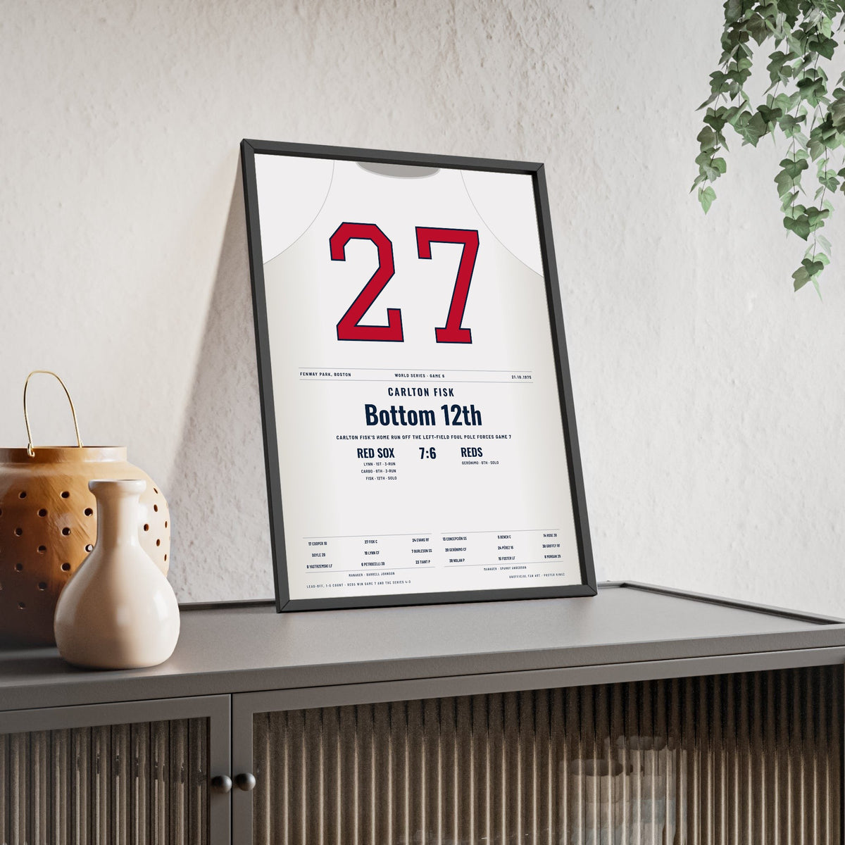 Carlton Fisk 1975 World Series Game 6 Home Run Poster - Boston Red Sox 27 Jersey Print framed and leaning on a sideboard