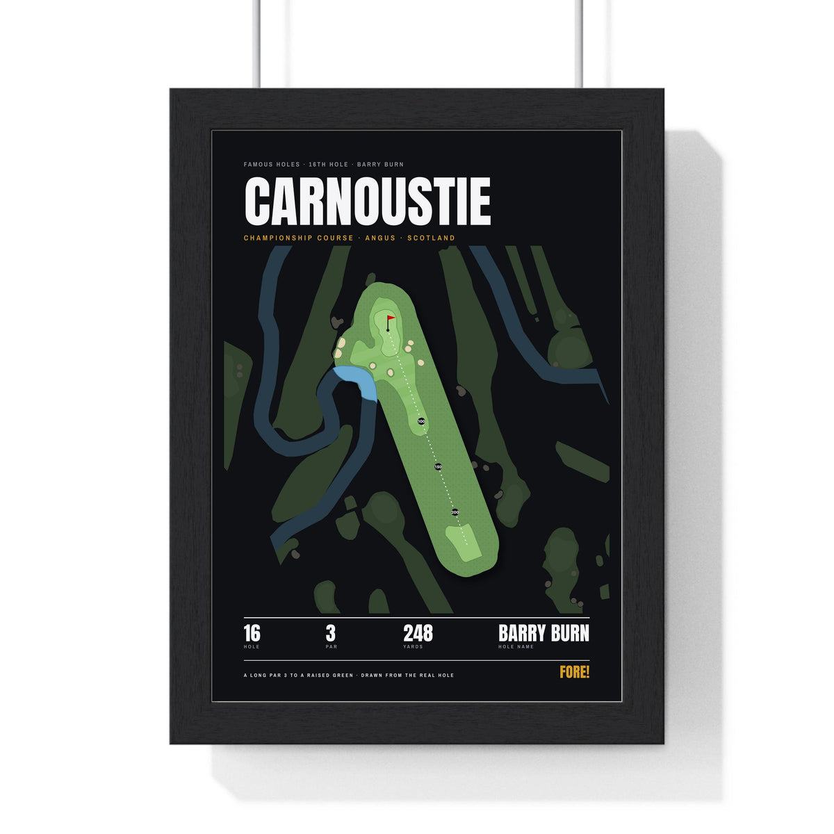 Carnoustie 16th Hole print framed in a black frame, ready to hang