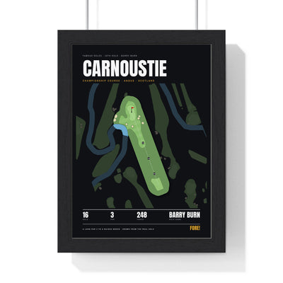 Carnoustie 16th Hole print framed in a black frame, ready to hang