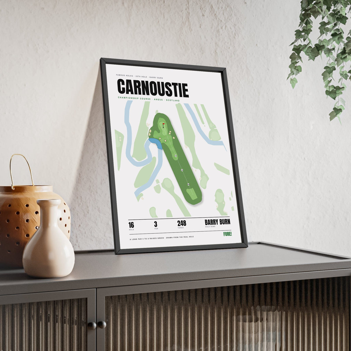 Carnoustie 16th Hole White print framed and leaning on a sideboard