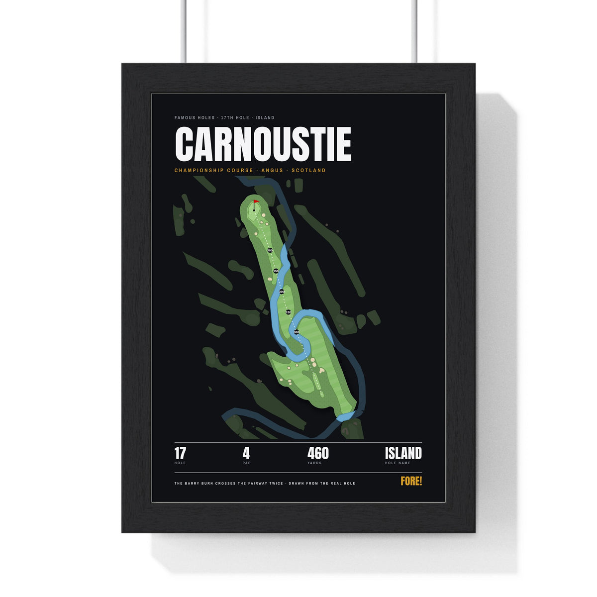 Carnoustie 17th Hole print framed in a black frame, ready to hang