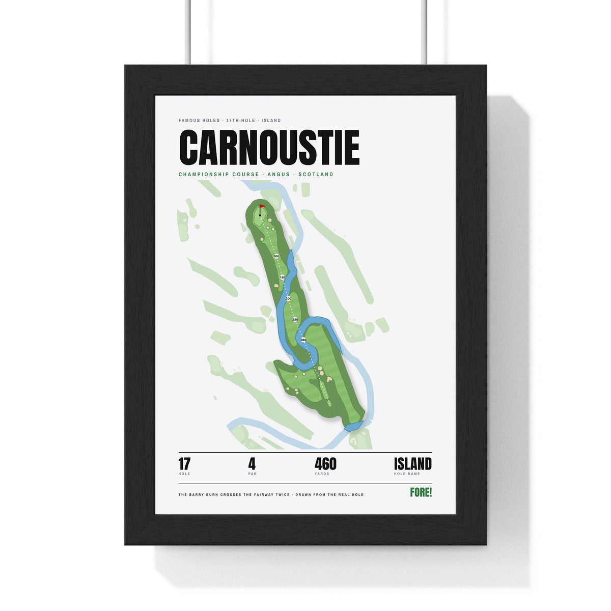 Carnoustie 17th Hole White print framed in a black frame, ready to hang