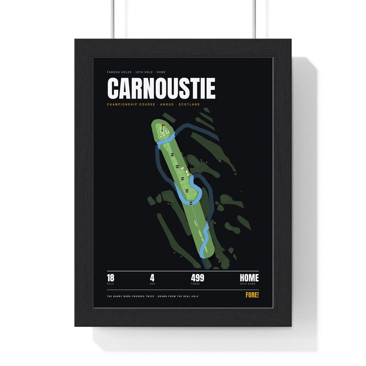 Carnoustie 18th Hole print framed in a black frame, ready to hang