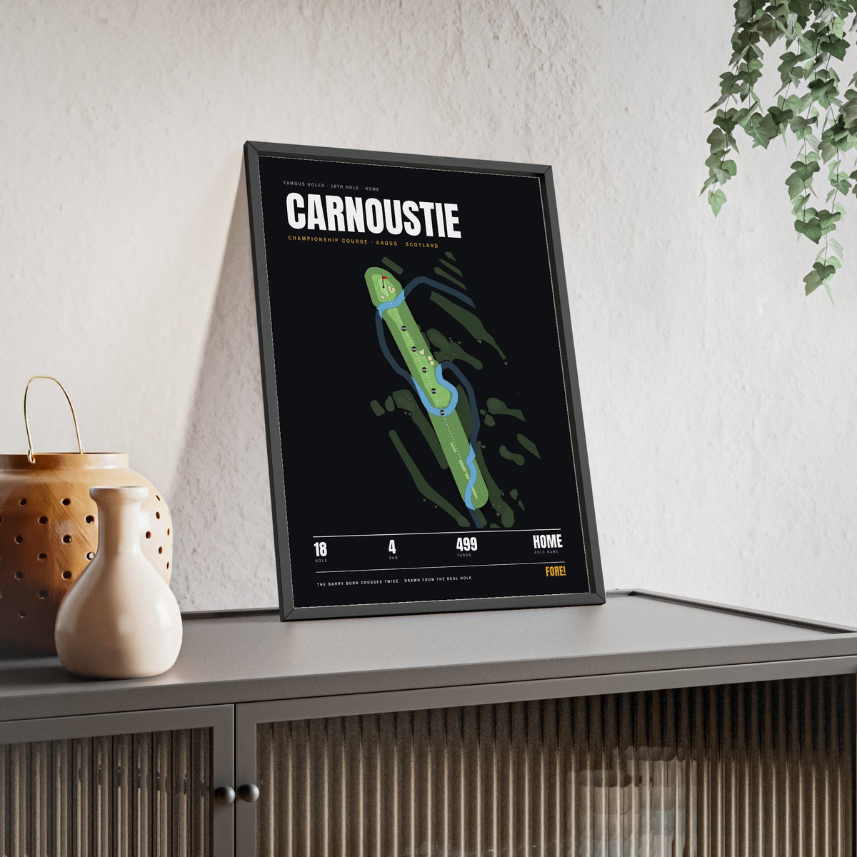 Carnoustie 18th Hole print framed and leaning on a sideboard