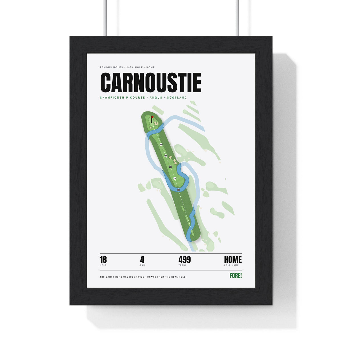 Carnoustie 18th Hole White print framed in a black frame, ready to hang