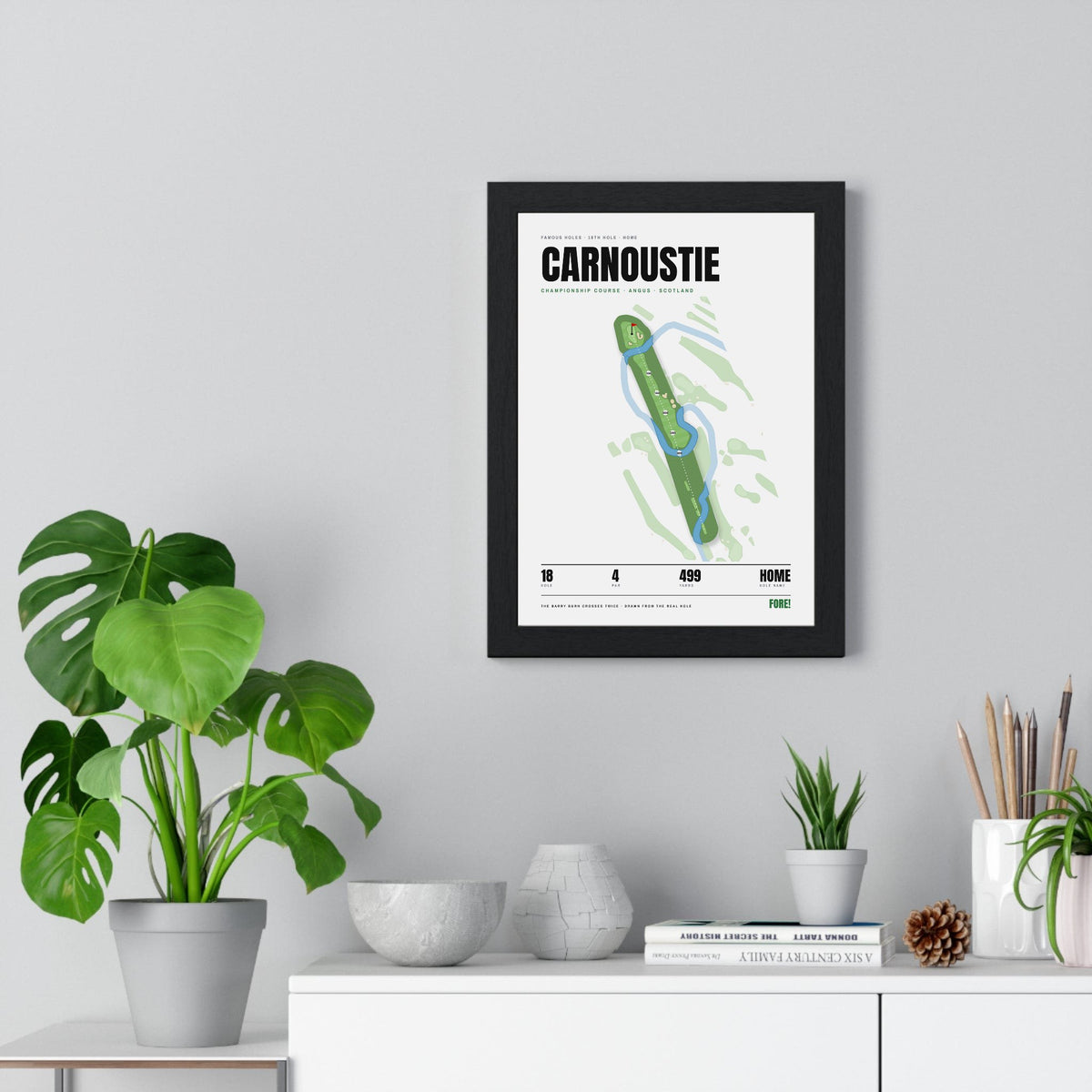 Carnoustie 18th Hole White print framed on a living room wall