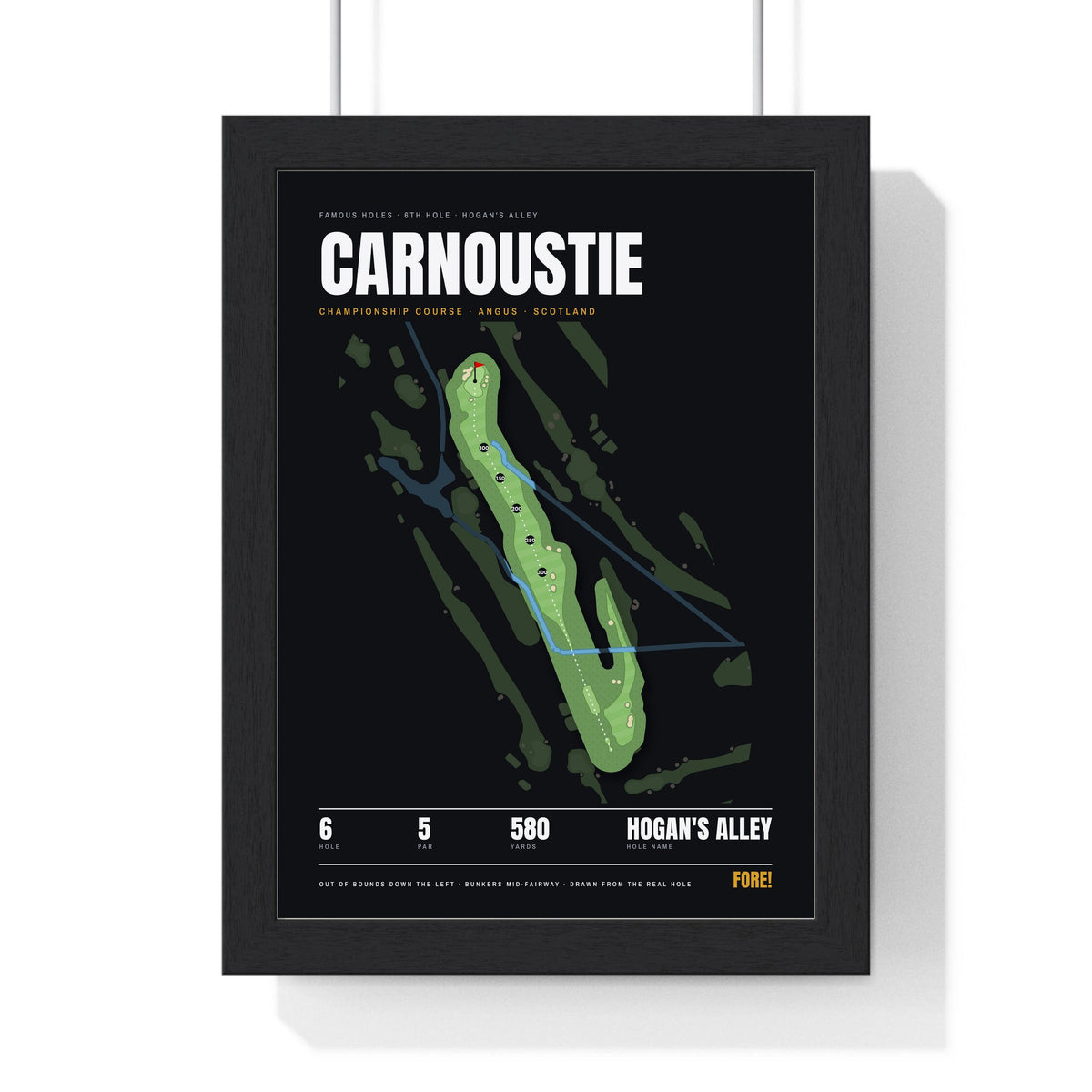 Carnoustie 6th Hole print framed in a black frame, ready to hang