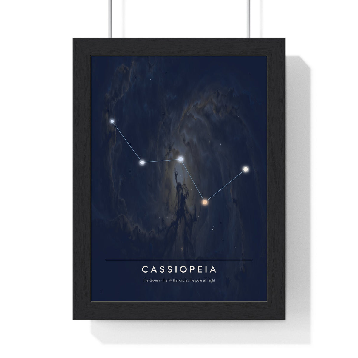 Cassiopeia Constellation print framed in a black frame, ready to hang