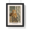 Cat on the Stairs Print framed in a black frame, ready to hang
