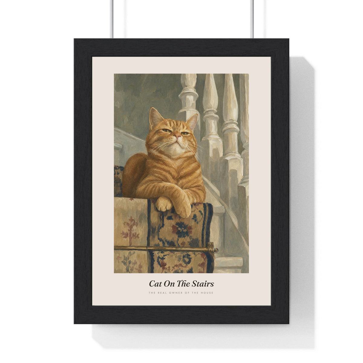 Cat on the Stairs Print framed in a black frame, ready to hang