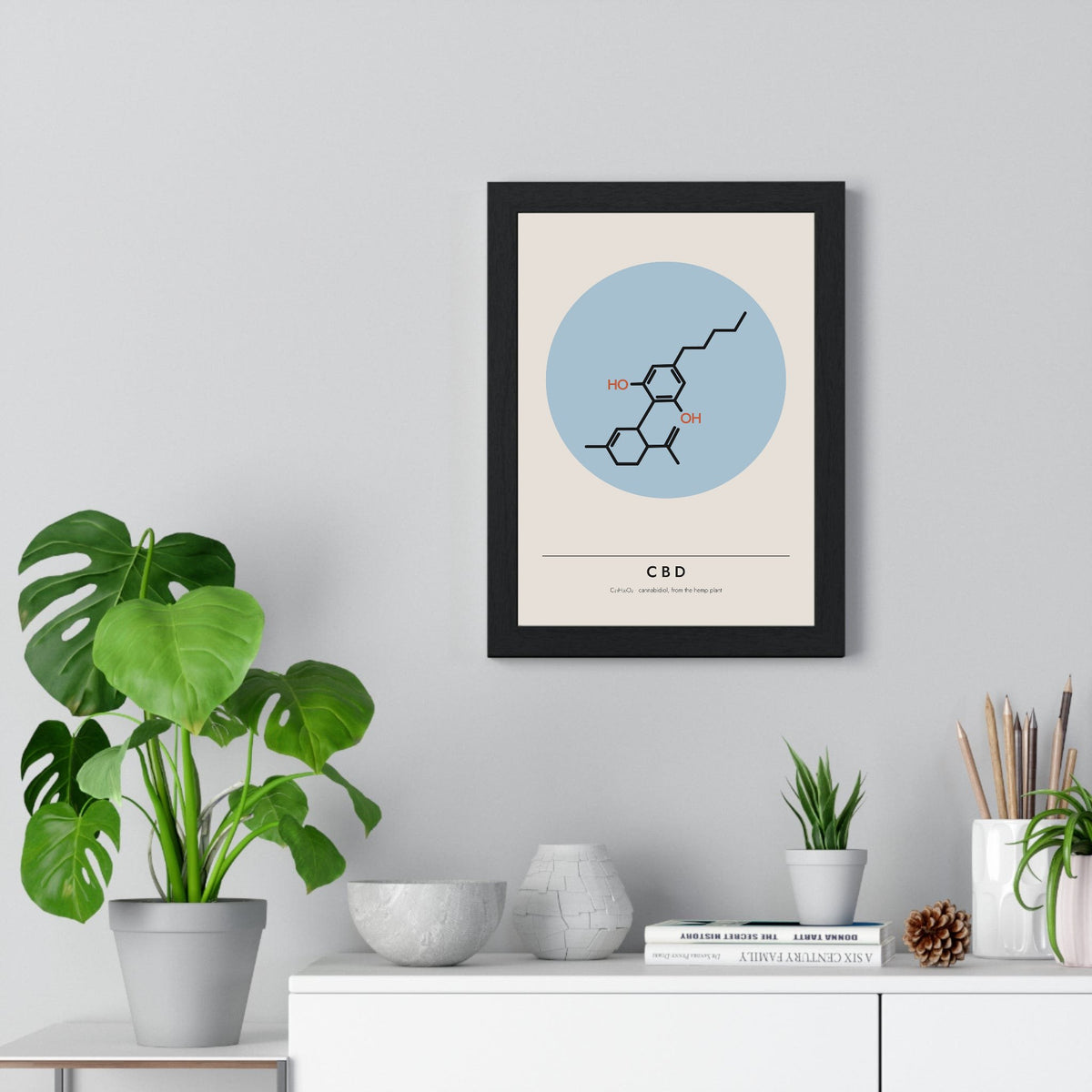 CBD Molecule print framed on a living room wall