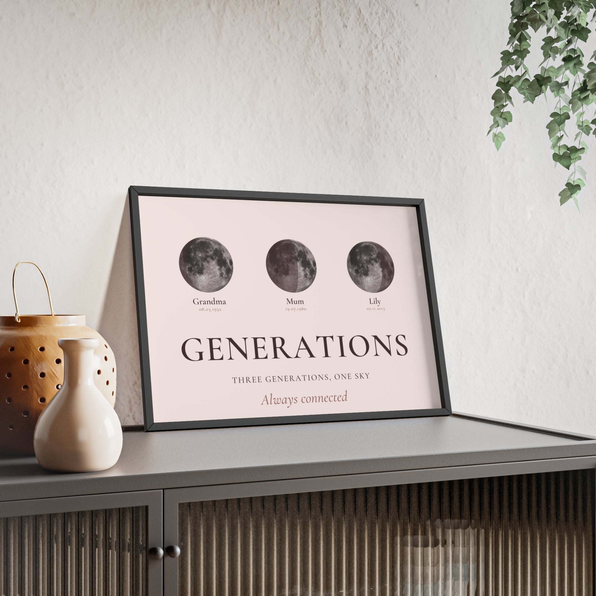 Custom family moon phase print with names and birthdays for three generations
