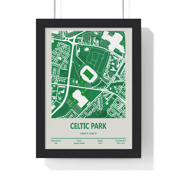 Framed Celtic Park stadium map print in Celtic green showing ground layout and surrounding streets