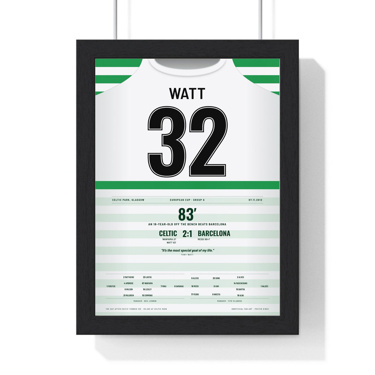 Celtic Watt 32 v Barcelona 2012 Poster framed in a black frame, ready to hang