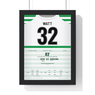 Celtic Watt 32 v Barcelona 2012 Poster framed in a black frame, ready to hang