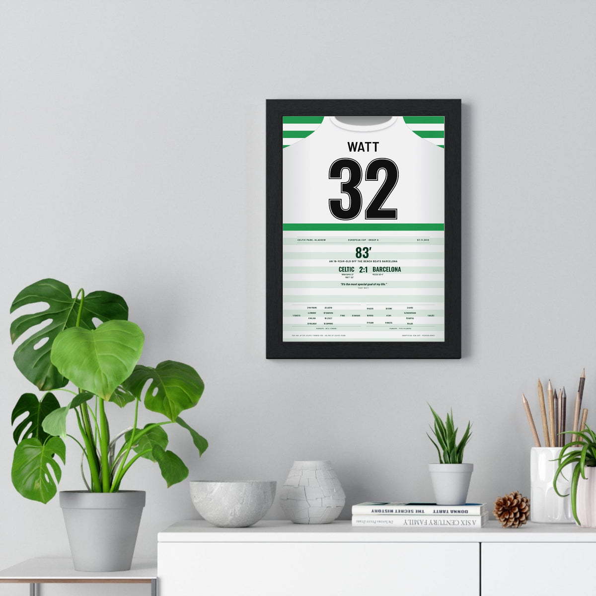Celtic Watt 32 v Barcelona 2012 Poster framed on a living room wall