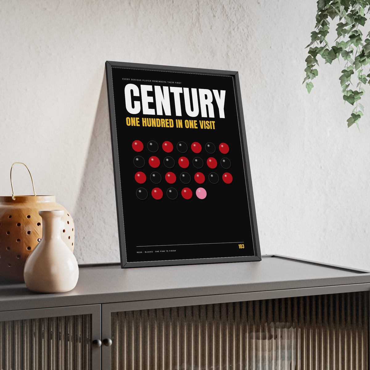 Century Break Snooker print framed and leaning on a sideboard