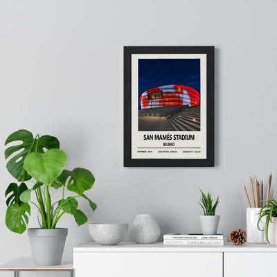 San Mamés Stadium framed poster displayed on living room wall above furniture