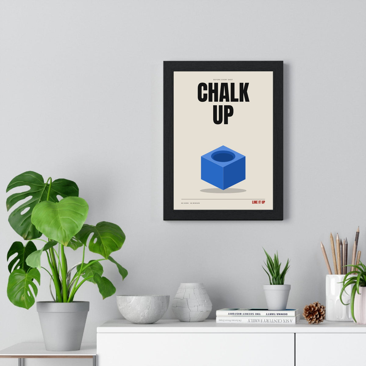 Chalk Up Snooker print framed on a living room wall