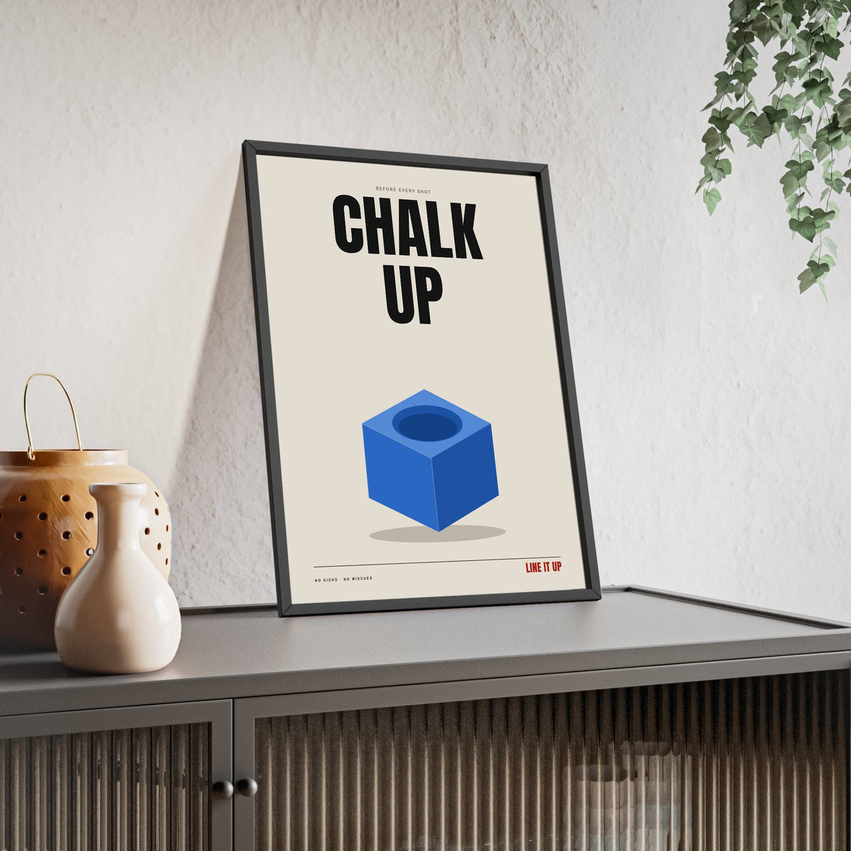 Chalk Up Snooker print framed and leaning on a sideboard