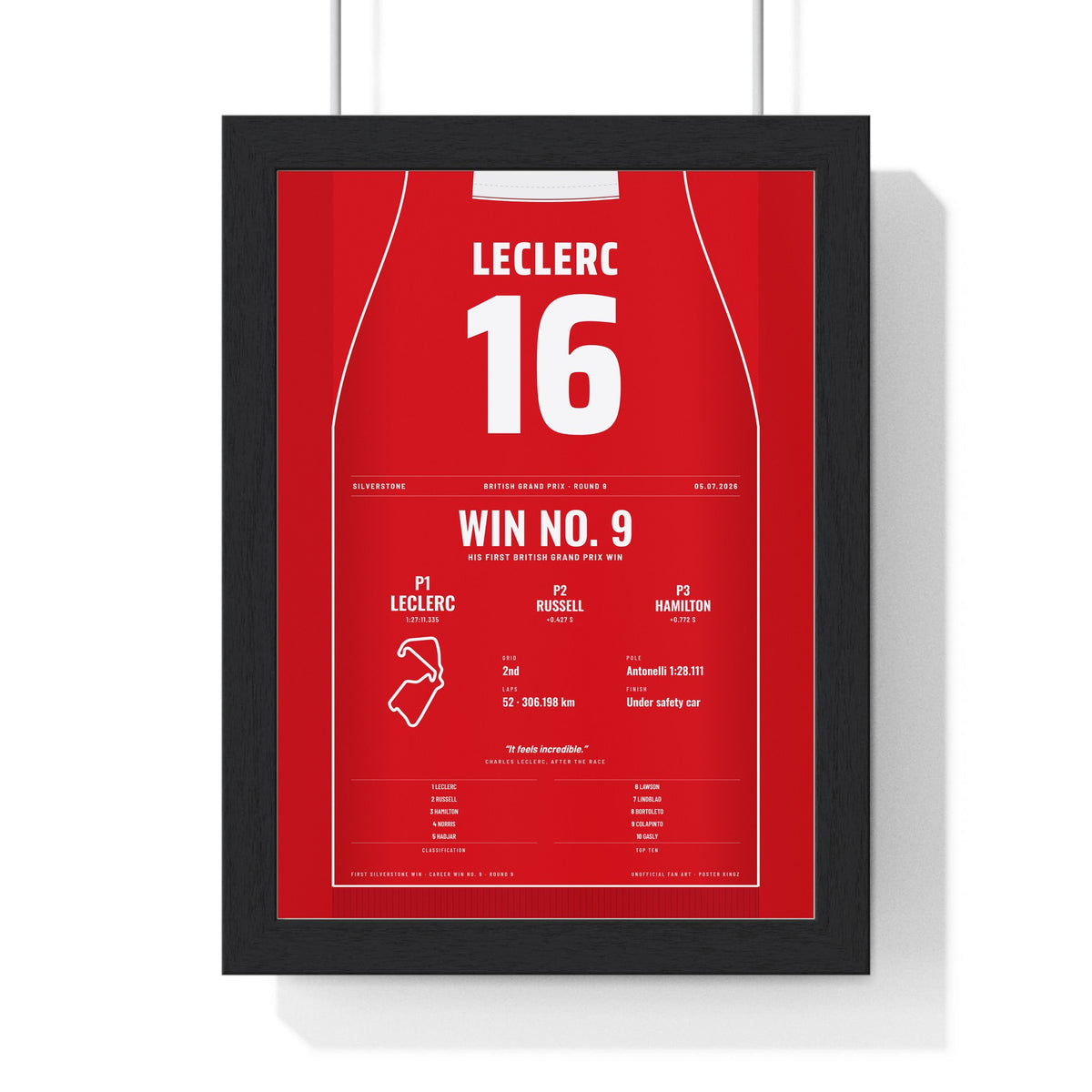 Charles Leclerc 2026 British Grand Prix Win Poster - 16 Race Suit Print framed in a black frame, ready to hang