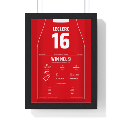 Charles Leclerc 2026 British Grand Prix Win Poster - 16 Race Suit Print framed in a black frame, ready to hang