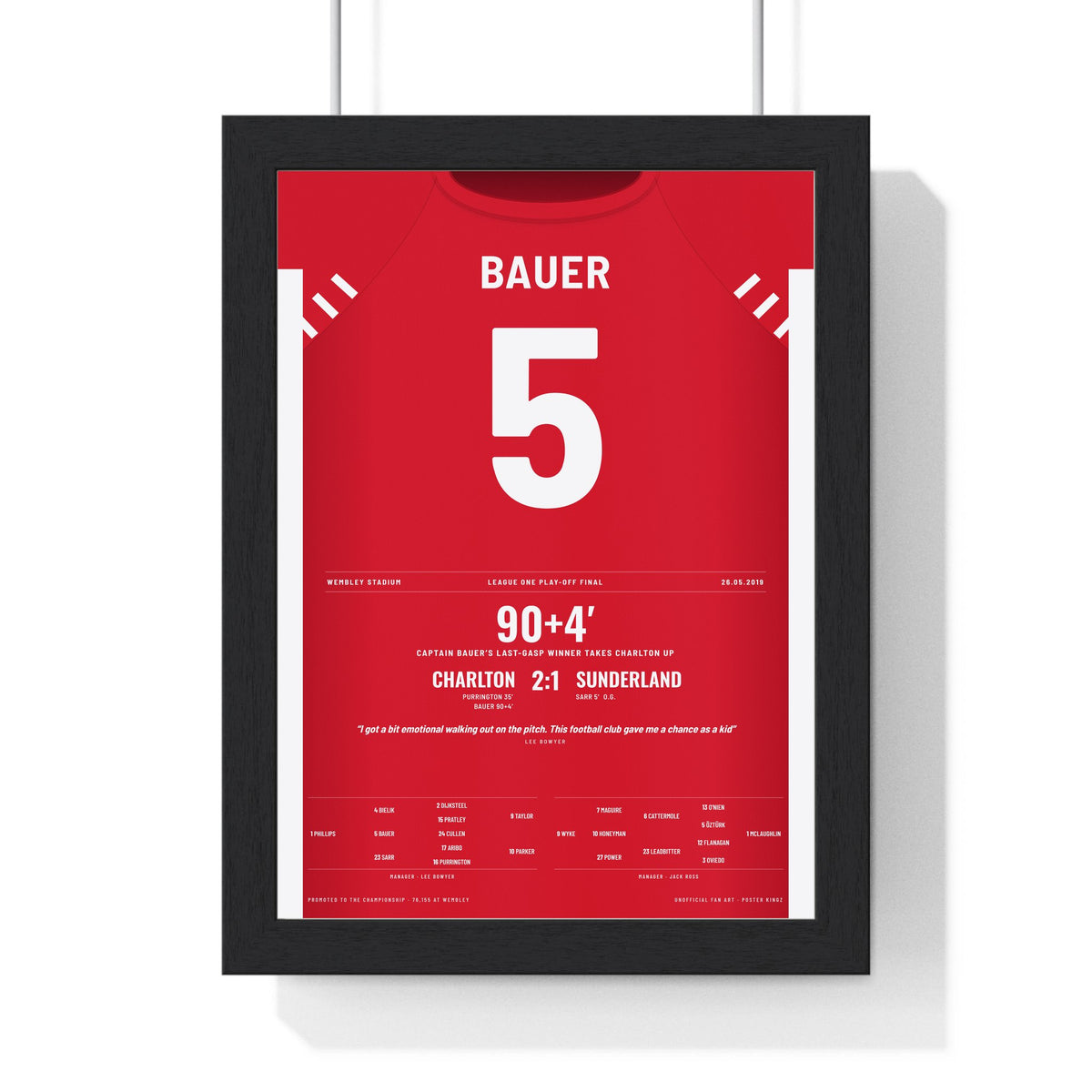 Charlton Athletic Play-Off Final 2019 Poster - Patrick Bauer 5 Wembley Shirt Print framed in a black frame, ready to hang