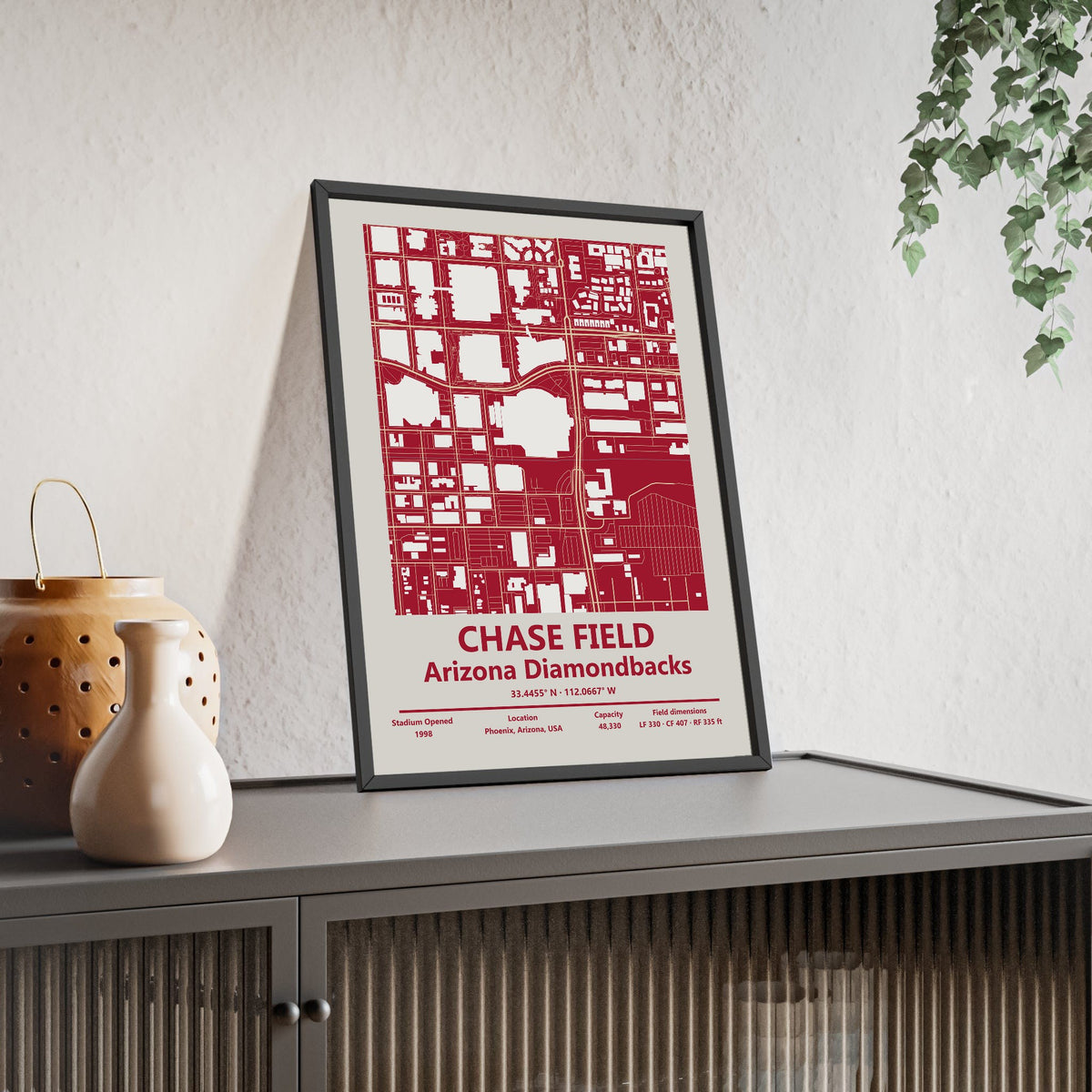 Chase Field map print framed and leaning on a sideboard