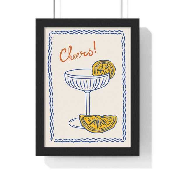 Cheers cocktail print with lemon illustration in black frame – bar wall art